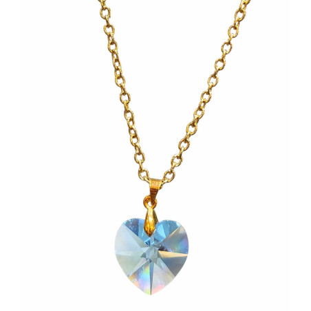 Pendentif Cœur Swarovski  Bleu 2.5 cm sur Chaîne Plaquée Or 52 cm