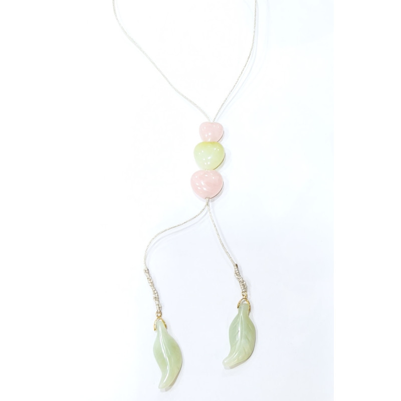 Collier Jade et Quartz Rose Cœurs et Feuilles sur Cordon Doré Encolure 62 cm Longueur Totale 102 cm