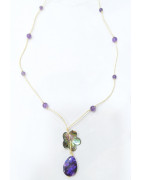 Collier Nacre Fleur et Améthyste Billes sur Cordon doré Réglable