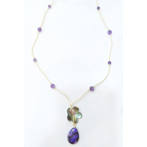 Collier Nacre Fleur et Améthyste Billes sur Cordon doré Réglable