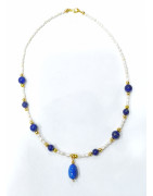 Pendentif Lapis-Lazuli Billes et Pendentif et perles d'Eau Douce Grains de Riz avec Inserts et Fermoir Plaqués Or 42 cm