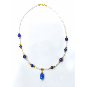 Pendentif Lapis-Lazuli Billes et Pendentif et perles d'Eau Douce Grains de Riz avec Inserts et Fermoir Plaqués Or 42 cm
