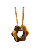 Pendentif Œil de Tigre Donut Fleur sur Chaîne Plaquée Or Fine Maille 42 cm