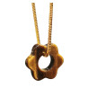 Pendentif Œil de Tigre Donut Fleur sur Chaîne Plaquée Or Fine Maille 42 cm