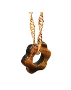 Pendentif Œil de Tigre Donut Fleur sur Chaîne Plaquée Or Maille Torsadée 42 cm