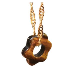 Pendentif Œil de Tigre Donut Fleur sur Chaîne Plaquée Or Maille Torsadée 42 cm