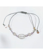 Bracelet Quartz Rose et Swarovski sur Cordon Argenté Réglable