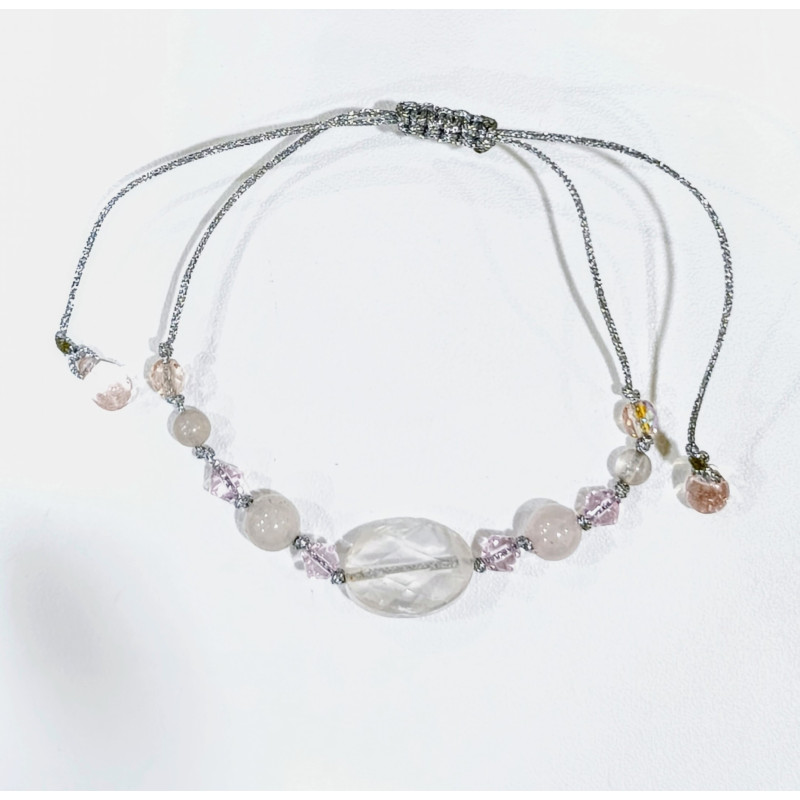 Bracelet Quartz Rose et Swarovski sur Cordon Argenté Réglable