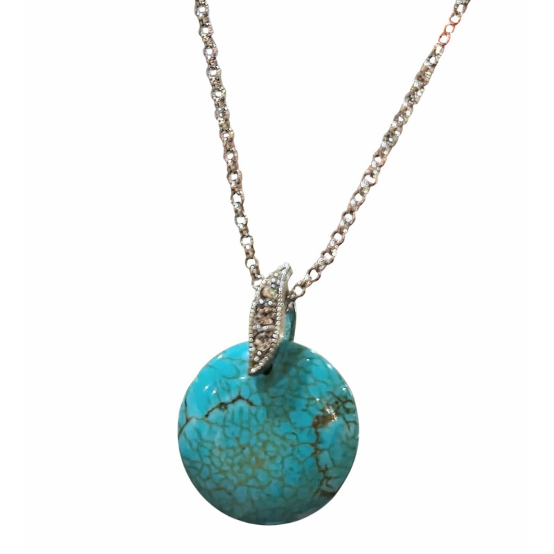 Pendentif Turquoise Rond avec Chaîne Acier Inox 42 + 7 cm