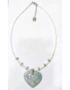 Collier Amazonite Cœur en Pendentif Perles d'Eau Douce Grains de Riz 46 + 5 cm