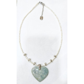 Collier Amazonite Cœur en Pendentif Perles d'Eau Douce Grains de Riz 46 + 5 cm