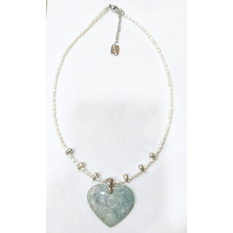 Collier Amazonite Cœur en Pendentif Perles d'Eau Douce Grains de Riz 46 + 5 cm