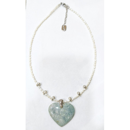 Collier Amazonite Cœur en Pendentif Perles d'Eau Douce Grains de Riz 46 + 5 cm