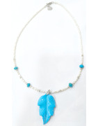 Collier Turquoise Feuille en Pendentif Perles d'Eau Douce 46 + 5 cm