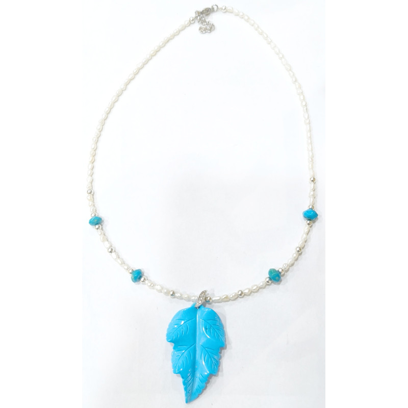 Collier Turquoise Feuille en Pendentif Perles d'Eau Douce 46 + 5 cm