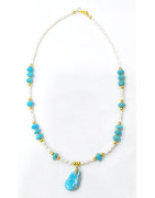 Collier Turquoise en Pendentif et Inserts Collier Perles d'Eau Douce Grains de Riz 42 cm