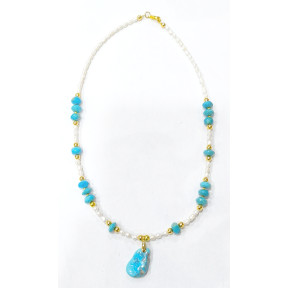 Collier Turquoise en Pendentif et Inserts Collier Perles d'Eau Douce Grains de Riz 42 cm