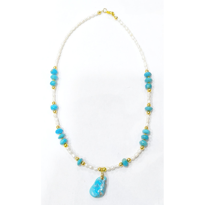 Collier Turquoise en Pendentif et Inserts Collier Perles d'Eau Douce Grains de Riz 42 cm