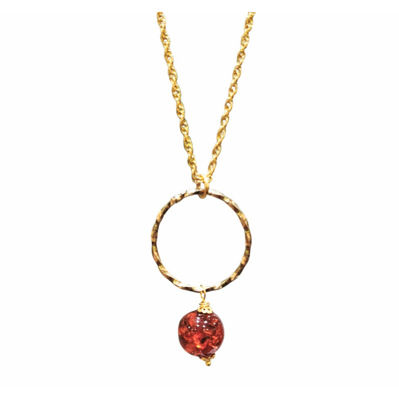 Pendentif Ambre Baltique Sur Anneau et Chaîne Plaqués Or 60 cm