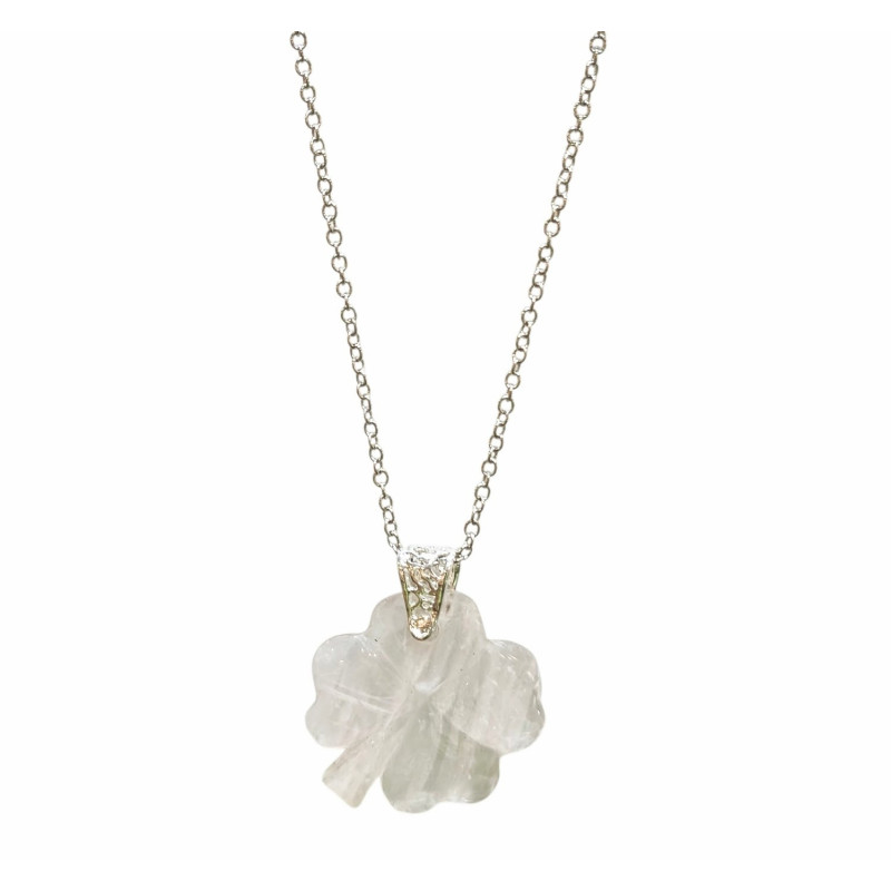Pendentif Quartz Rose Trèfle sur chaîne Acier Inox 42 + 7 cm