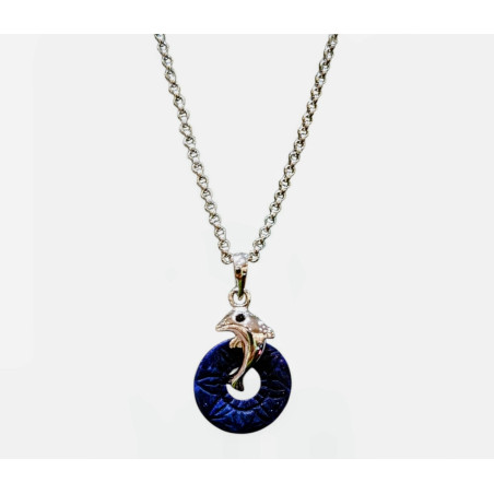 Pendentif Lapis-Lazuli Donut avec Dauphin sur Chaîne Acier Inox 42 + 7 cm