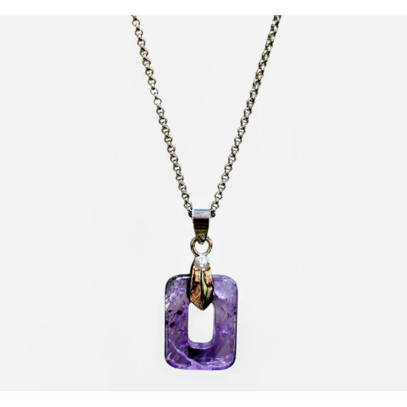 Pendentif Améthyste Rectangle avec Chaîne Acier Inox 42 + 3 cm