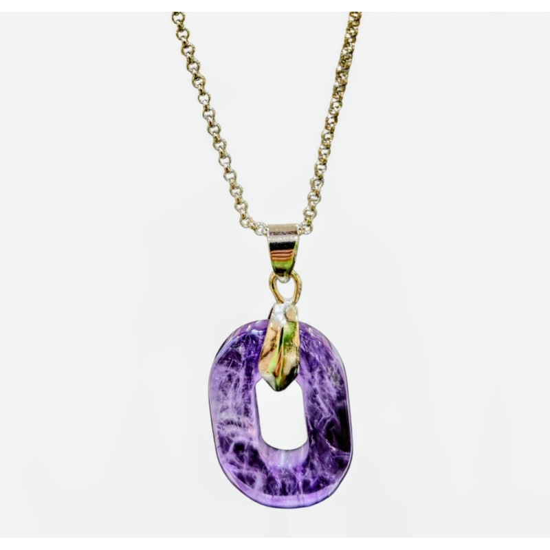 Pendentif Améthyste Rectangle avec Chaîne Acier Inox 42 + 3 cm