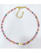 Collier Multipierres Enfant avec Pâquerette Acier Plaqué Or 32 + 10 cm