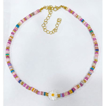 Collier Multipierres Nacre Multicolore Enfant avec Pâquerette Acier Plaqué Or 32 + 10 cm