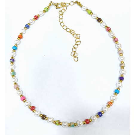 Collier  Multipierres Enfant avec Perles Acier Plaqué Or 32 + 10 cm