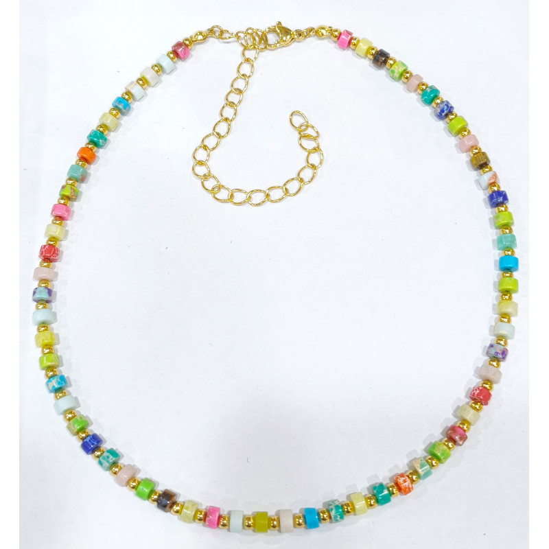 Collier  MultipierresEnfant avec Billes Acier Plaqué Or 32 + 10 cm