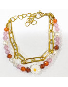 Bracelet Perles de Verre Enfant avec Pâquerette Acier et Chaîne Plaqué Or 13 + 5 cm