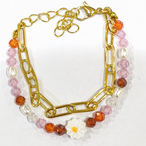 Bracelet Perles de Verre Enfant avec Pâquerette Acier et Chaîne Plaqué Or 13 + 5 cm