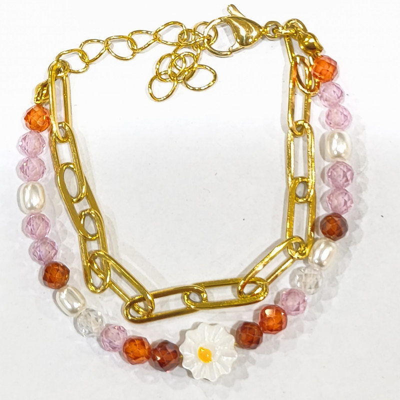 Bracelet Perles de Verre Enfant avec Pâquerette Acier et Chaîne Plaqué Or 13 + 5 cm