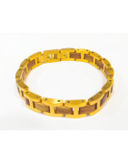 Bracelet Type Gourmette Bois de Kosso Acier Inox Plaqué Or l12mm L19.5 + 1.5 cm