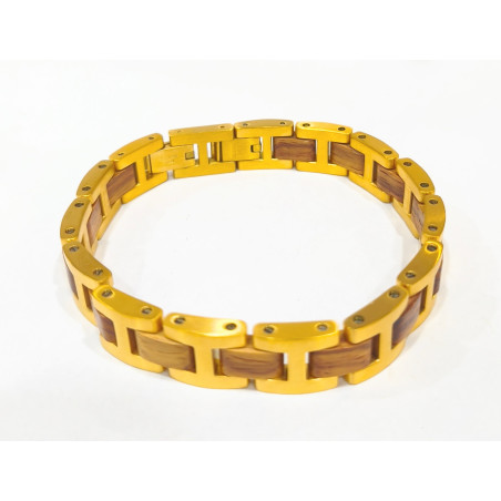 Bracelet Type Gourmette Bois de Kosso Acier Inox Plaqué Or l12mm L19.5 + 1.5 cm