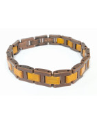 Bracelet Type Gourmette Bois de Teck Acier Inox Cuivre Antique l12mm L19.5 + 1.5 cm