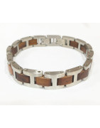 Bracelet Type Gourmette Bois de Noyer Acier Inox IP l12mm L19.5 + 1.5 cm