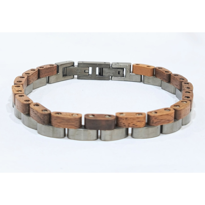Bracelet Type Gourmette Bois de Teck Acier Inox Cuivre Antique l10mm L19.5 + 1.5 cm