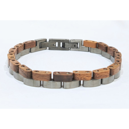 Bracelet Type Gourmette Bois de Teck Acier Inox Cuivre Antique l10mm L19.5 + 1.5 cm
