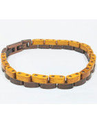 Bracelet Type Gourmette Bois de Teck Clair Acier Inox Cuivre Antique l10mm L19.5 + 1.5 cm