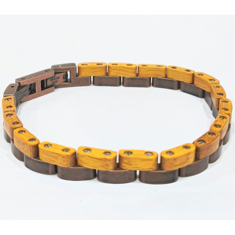 Bracelet Type Gourmette Bois de Teck Clair Acier Inox Cuivre Antique l10mm L19.5 + 1.5 cm