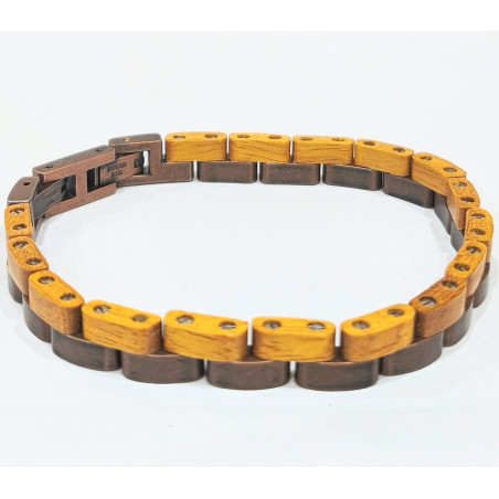 Bracelet Type Gourmette Bois de Teck Clair Acier Inox Cuivre Antique l10mm L19.5 + 1.5 cm