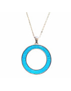 Pendentif Imitation Opale Bleue Cercle avec Chaîne Acier Inox 45 + 5 cm
