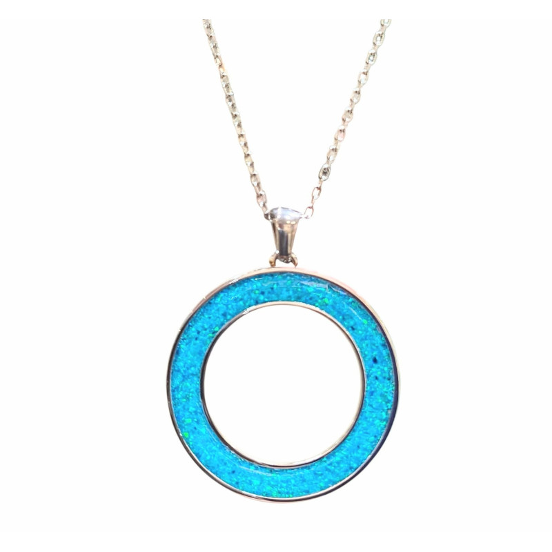 Pendentif Imitation Opale Bleue Cercle avec Chaîne Acier Inox 45 + 5 cm