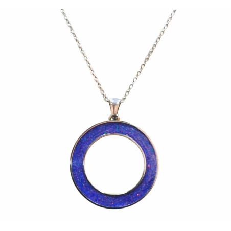 Pendentif Imitation Opale Nuit Etoilée Cercle avec Chaîne Acier Inox 45 + 5 cm