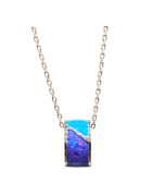 Pendentif Imitation Opale Bleue et Opale Nuit Etoilée Cercle l8mm avec Chaîne Acier Inox  45 + 5 cm
