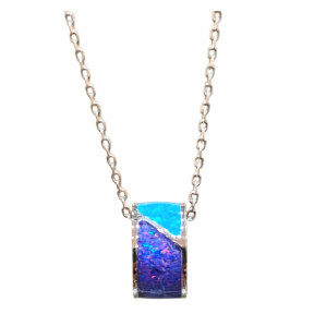 Pendentif Imitation Opale Bleue et Opale Nuit Etoilée Cercle l8mm avec Chaîne Acier Inox  45 + 5 cm