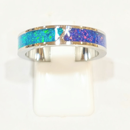 Anneau Imitation Opale Bleue et Nuit Etoilée Acier Inox l5mm