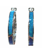 Boucles Imitation Opale Bleue et Nuit Etoilée Type Créole 4x20mm Acier Inox